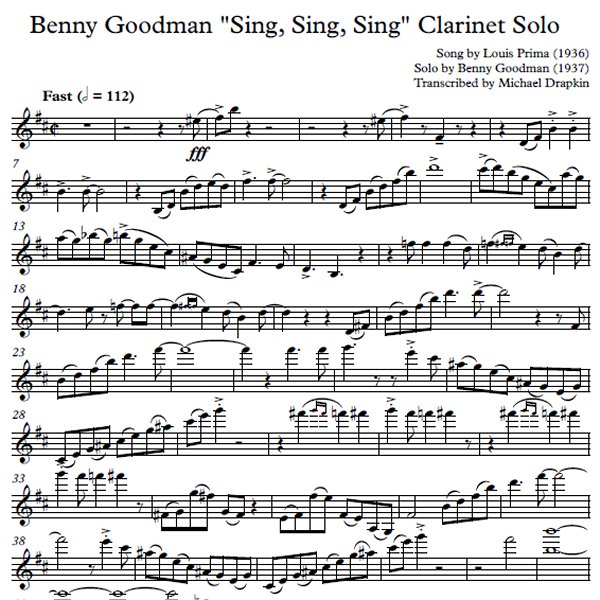 Benny Goodman Sing Sing Sing Clarinet Solo Transcribed By Michael Drapkin Bassclarinet Net