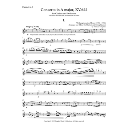Mozart Clarinet Concerto in A KV.622 arranged for Clarinet and String Quartet - Image 2